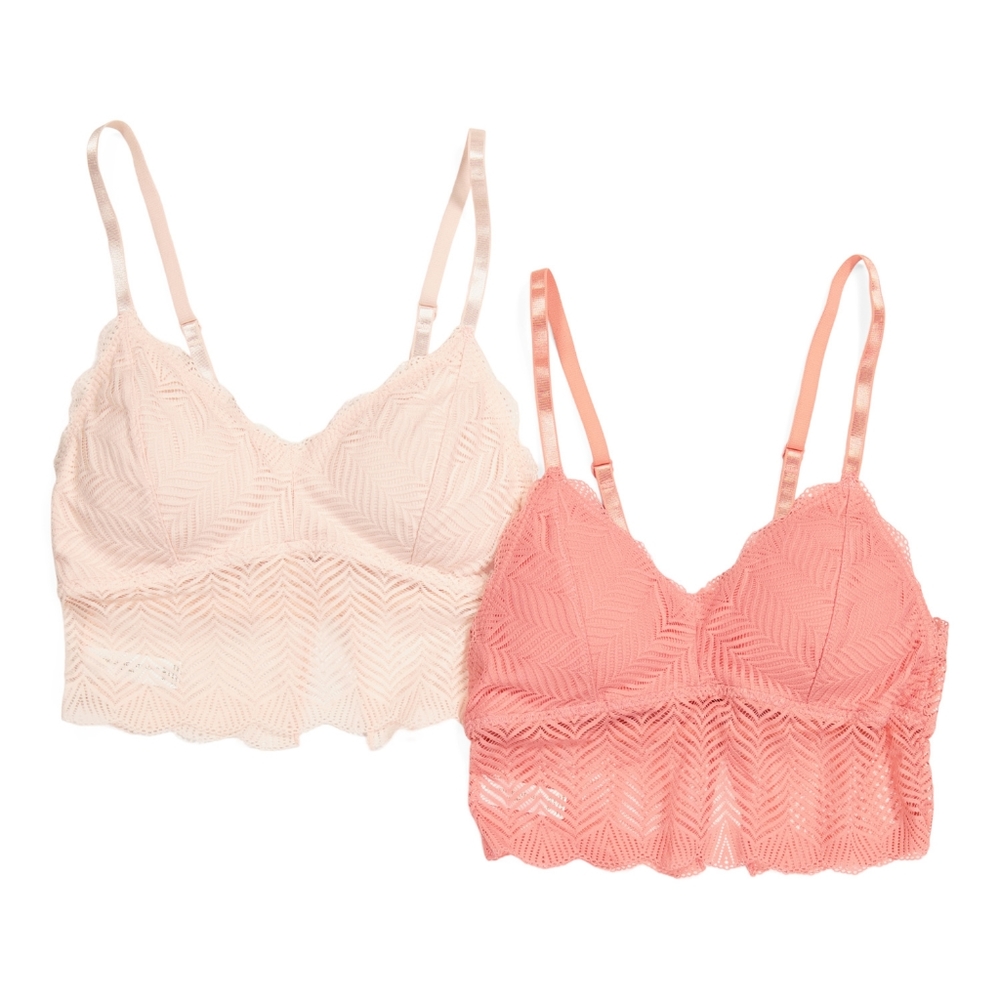 2pk M Adrienne Vittadini Longline Geo Lace Bralette, removable pads,Rose, NWT